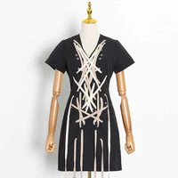 mini dresses for women v neck short sleeve high waist female summer drawstring cross bandage dress fashion new