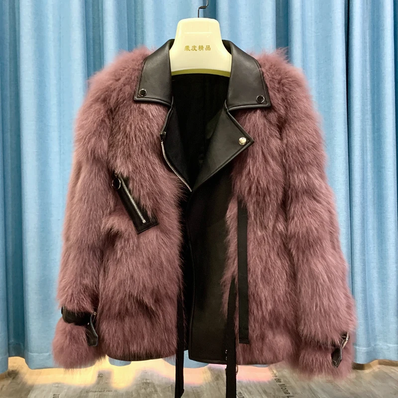 RosEvans Imported Real Fox Fur Locomotive Leather Double-faced Fur Jacket Female Women 2020 Autumn Winter New Turn Down Collar