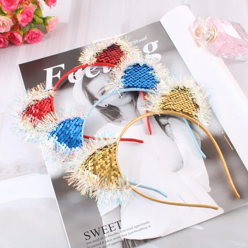 

20pcs Cute Cartoon Double Sided Sequin Cat Fox Ears Headband Hairband Headwear Daily Wear Party Adult Girl Easter Christmas