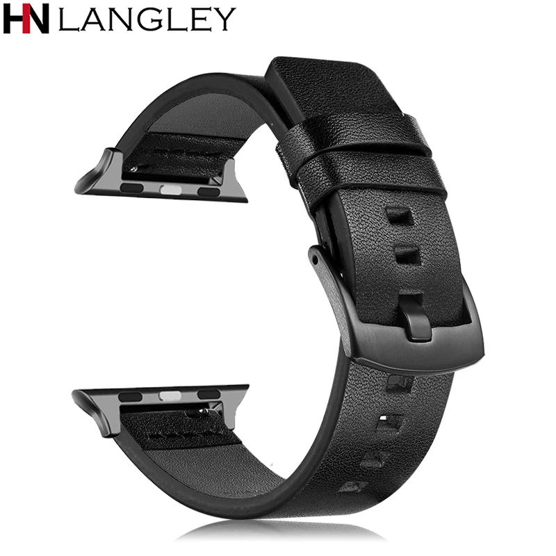 Ремешок из натуральной кожи для Apple Watch Band 44 мм 42 40 38 классический черный