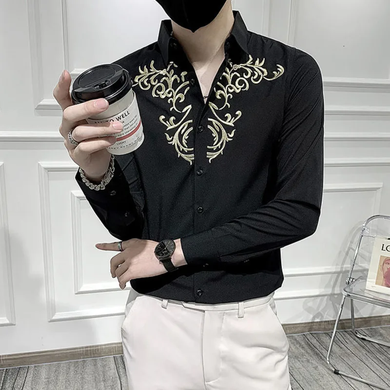 

Luxury Paisley Gold Embroidery Shirt Men 2021 Fall Winter Dress Shirt Mens Casual Shirts Wedding Social Smoking Chemise Homme