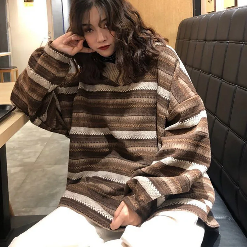 

JMPRS Knitted Sweaters Women Casual V Neck Stripe Pullover Sweater Autumn-winter Retro Jumper Harajuku Oversized Loose Sweater