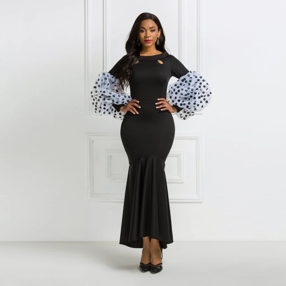 Черное Платье макси с длинным рукавом длинными пышными рукавами в горошек