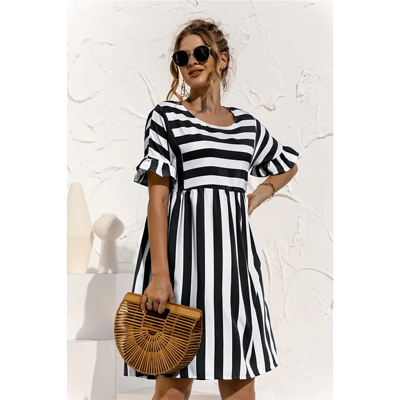 

2021 Women A Line Dress Elegant Ruffle Sleeve Striped Patchwork