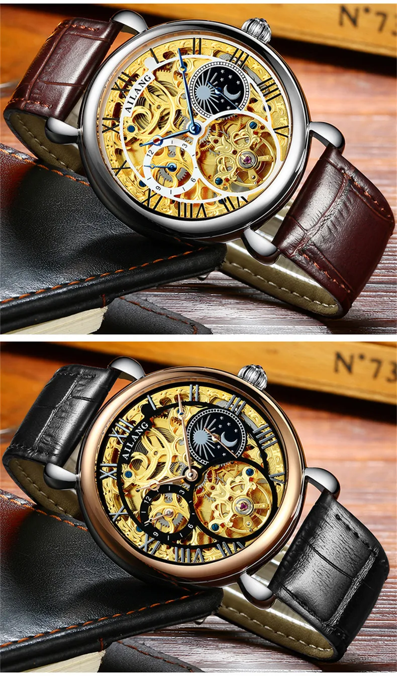 AILANG Moon Phase, мужские винтажные автоматические механические часы, мужские часы со скелетом, s Tourbillon, часы, лучший бренд, Роскошные, Новинка