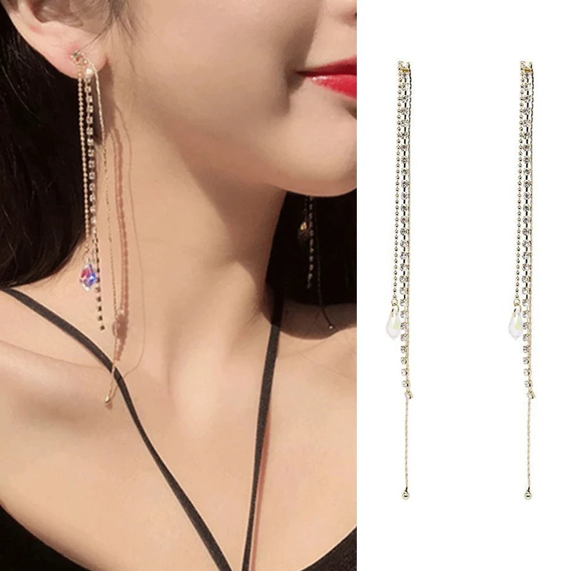 

2021 New Fashion Korean Long Dangle Earrings For Women Full Crystal Pearl Tassel Drop Earring Vintage Gold Brincos Jewelry
