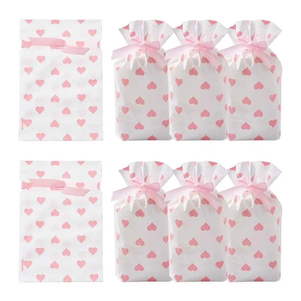 

30pcs Plastic Candy Cookies Gift Bags Drawstring Pouch Polka Dot/Flower Pattern Pink Heart for Snack Biscuit Packing Party Decor