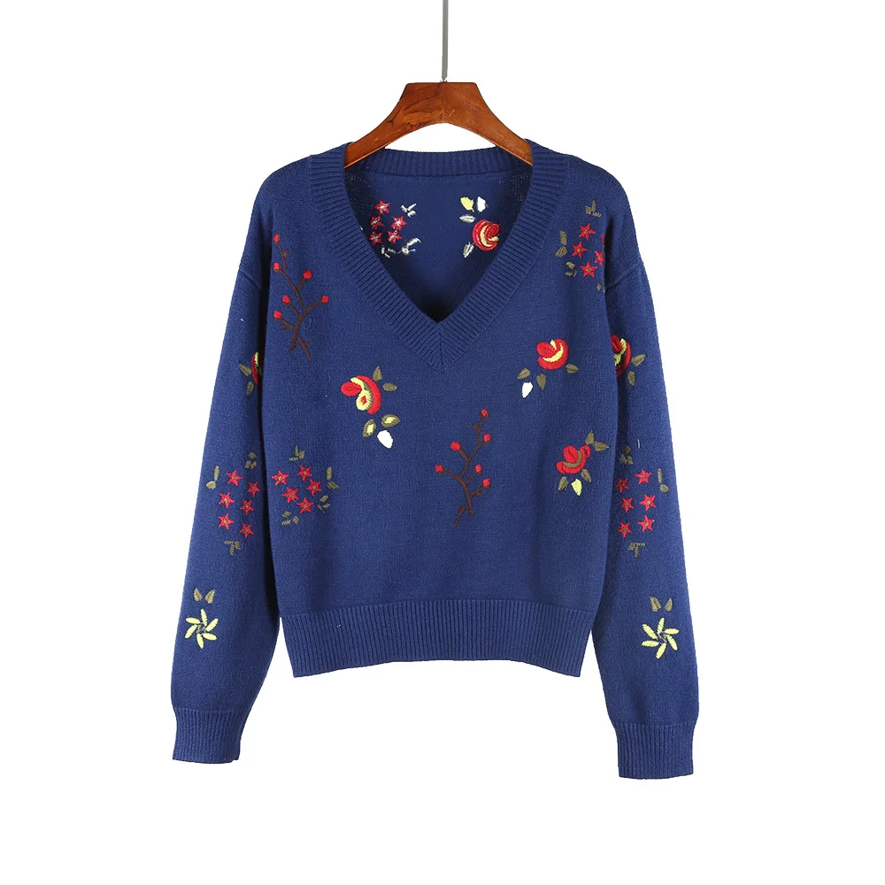 Женский вязаный свитер в стиле ретро свободный с длинным рукавом и v-образным