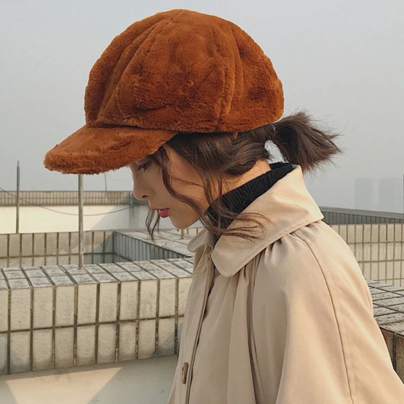 

Autumn Winter Women Hats Soft Rabbit Hair Fur Women Berets Solid Plain Octagonal Newsboy Caps Vintage Artist Painter Women Cap