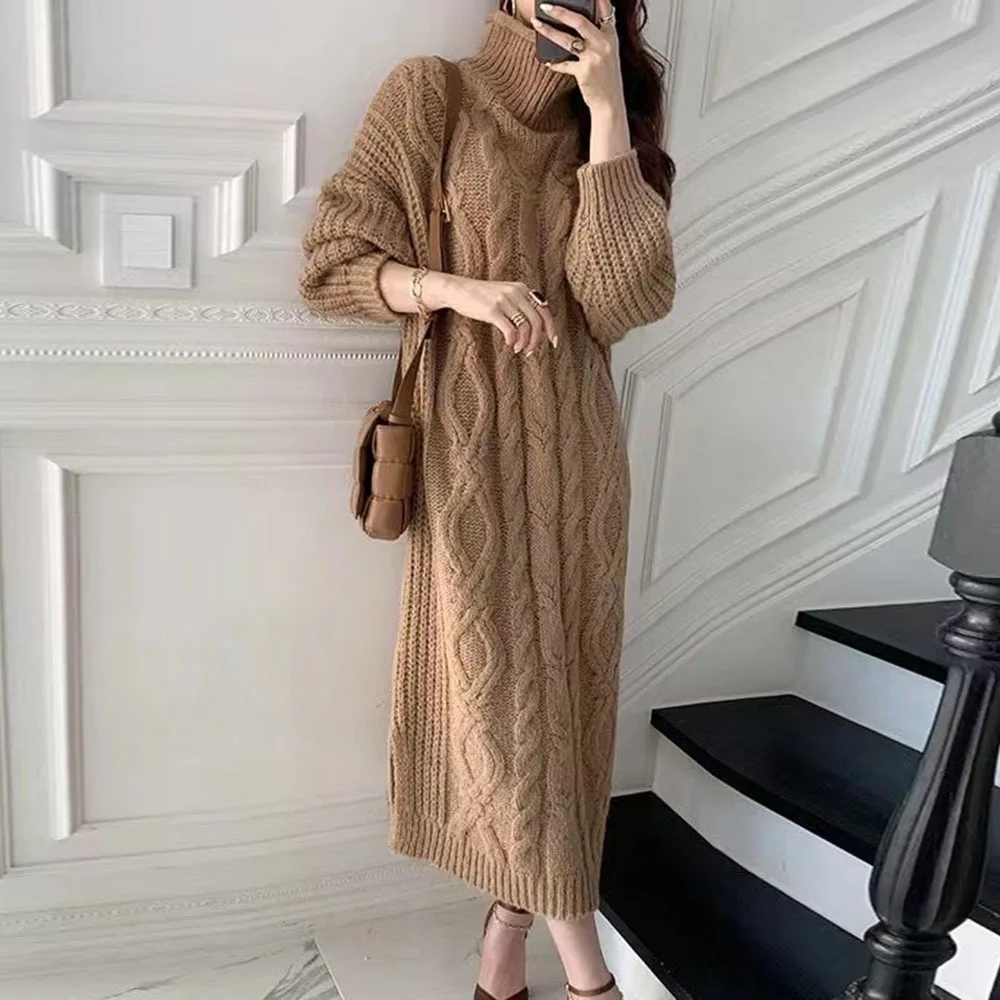 

New Fashion Japanese And Korean High-neck Twist Knit Sweater Dress Twist Lazy Wind Loose High Sense Of All-match Women's Dress
