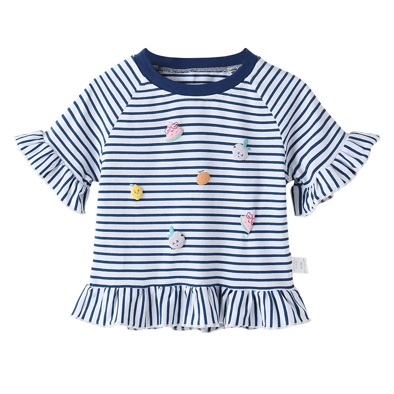 

Summer Baby Girls Cartoon Striped T-shirt Children Short Sleeve Tops Girls Cute Pullover Kids Fashion Tees