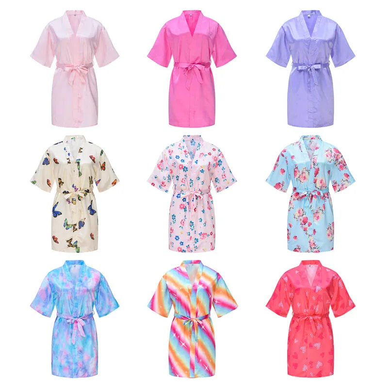 

New Solid Girls Stain Silk Robes Flower Girl Kimono Robes Wedding Brief Bathrobes Pajamas Kids Robe+Belt Nightdress Hot Sale