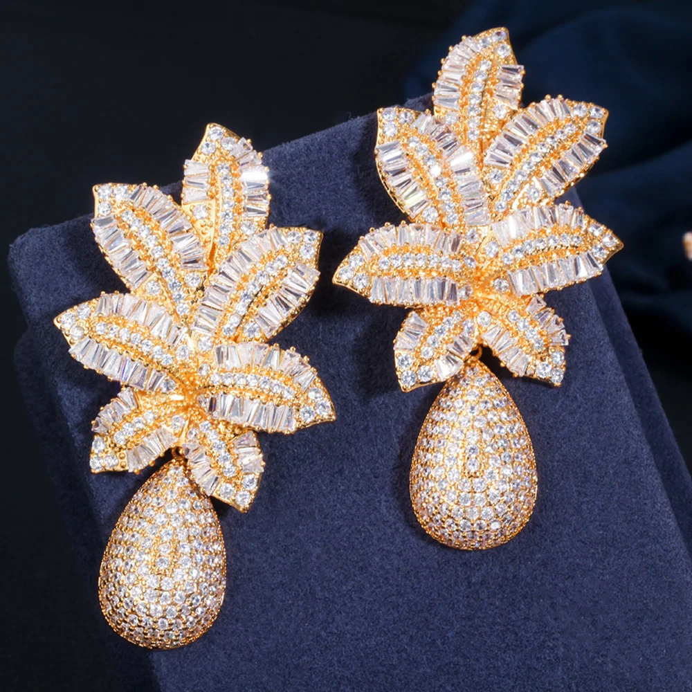 ThreeGraces Gorgeous 18k Gold Cubic Zirconia Stone Paved Nigerian Wedding Jewelry Long Drop Dangle Leaf Earrings for Women ER365 | Украшения