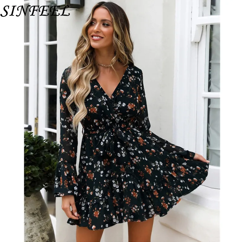 

Сексуальное платье с V-образным вырезом и принтом, женское осенне-зимнее короткое платье с длинным рукавом и Расклешенным рукавом, вечернее мини-платье с запахом, женские платья, короткое платье с поясом