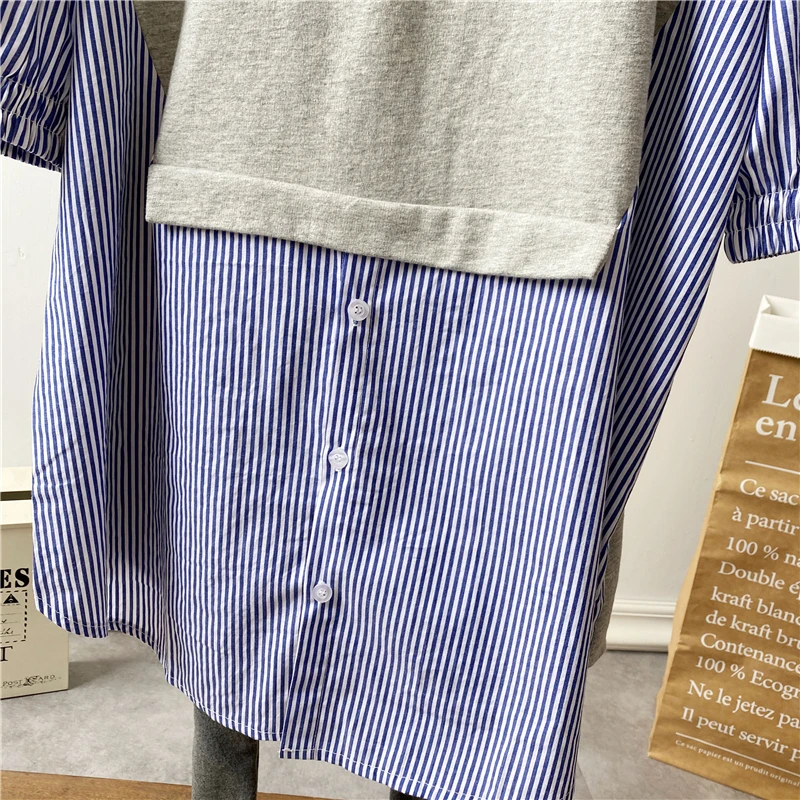 

Women Stripe Shirt Dress Above Knee Three Quarter Sleeve Crewneck Loose Casual Pullover Dress