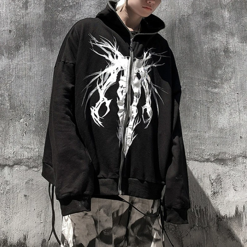 

ZZSYKD Ribbon Punk Graphic Print Zip Up Hoodies Men Casual Black Cool Oversized Coat Winter Fashion Hooded Sweatshirt Streetwear