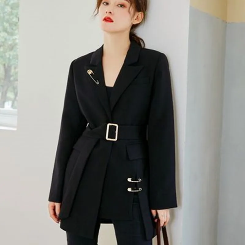 

Luxurious Pin Fashion Women Clothes Notched Collar elegant Design Long Sleeves Suit Metal Single Button Jacket With Belts