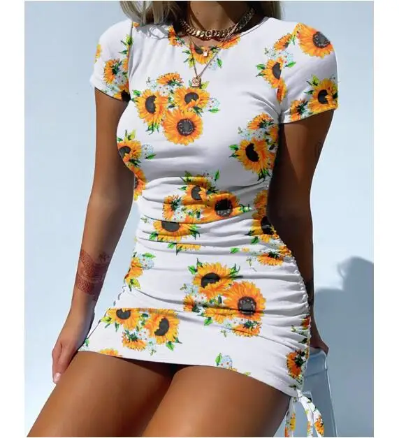 

2021 New Style Women Slim Sheath Short Dress Ladies Young Style Sunflower Mini Dress Summer Dyeing Drawstring