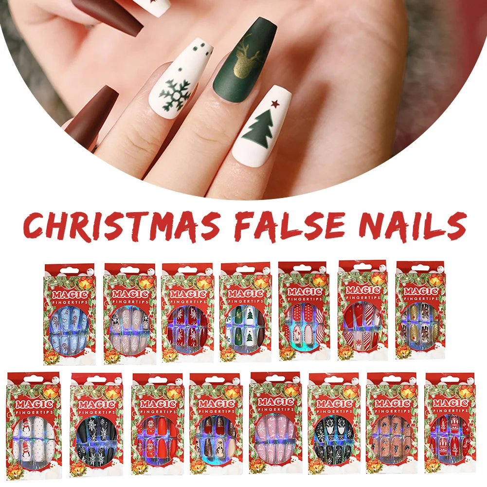 

24Pcs/Set Cute Snowflakes Trees Christmas Fake Nails Wearable Fake Nails Full Cover DIY Manicure Set for Girls Women