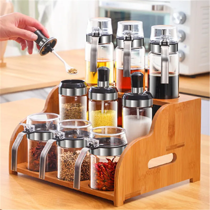9pcs stand set 2 XMT-HOME баночка для специй, Стеклянная емкость для соли, кухонная бутылка для приправ, баночка для сахара, дозатор для масла, соль, специи, перец, сахарное масло - Цвет: 9pcs stand set 2
