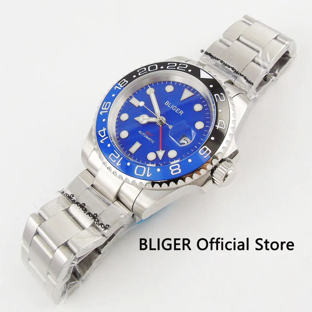 BLIGER роскошные механические мужские часы Функция GMT сапфировое стекло окно даты 40