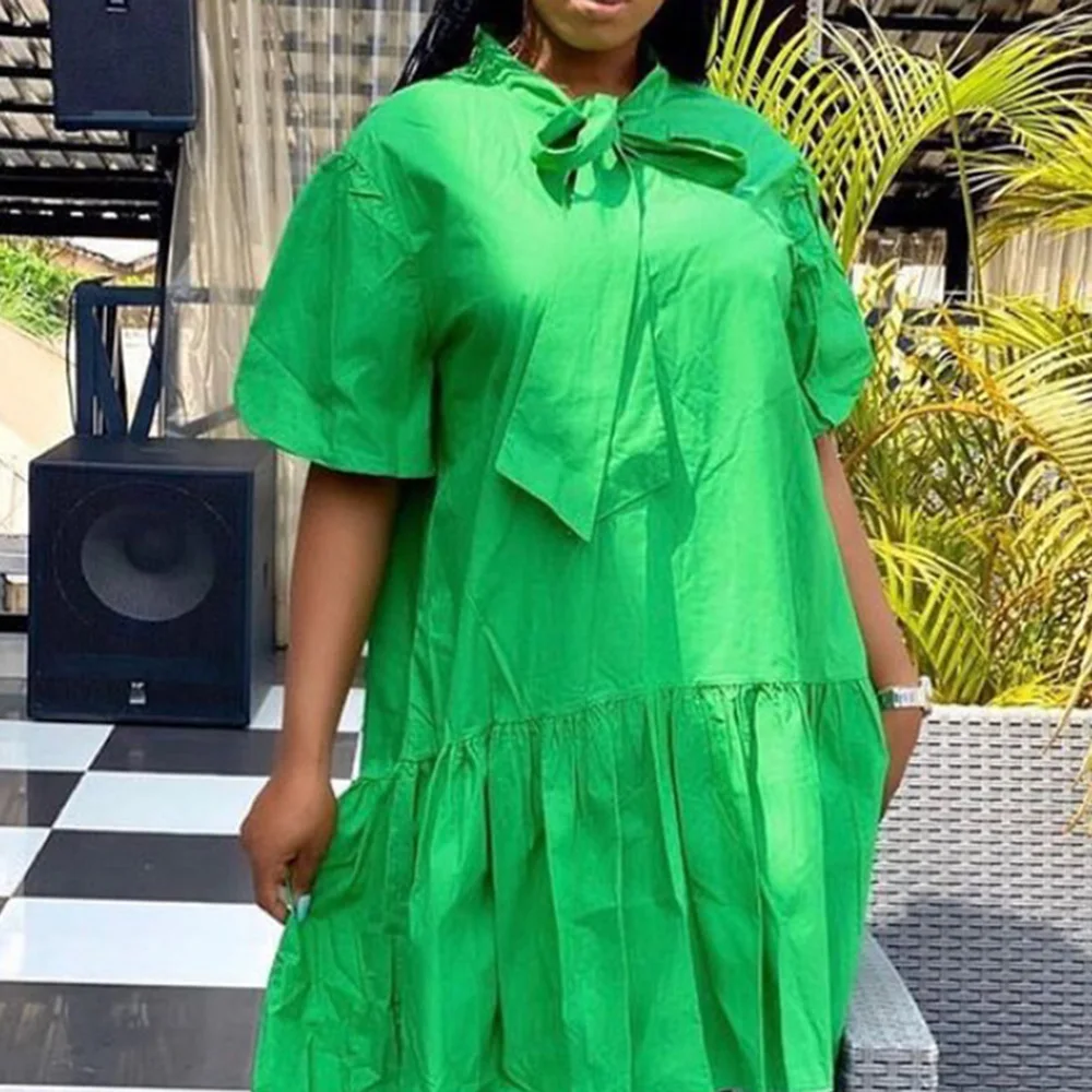 

African Women Dress Bow Collar Green Solid Tie Loose Casual Half Sleeves Plus Size Office Lady Wear Female A-Line Dresses