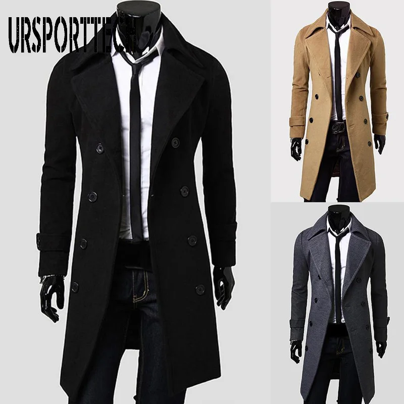 

URSPORTTECH Fashion Coat Men Wool Coat Winter Warm Solid Long Trench Jacket Breasted Business Casual Overcoat Male Woolen Coat