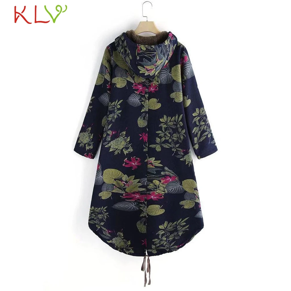 

Women Jacket 5XL Floral Print Front Pocket Zip Winter Coat Warm Fleece Windbreaker Casual Hooded Outwear Clothes Plus Size 19Oct