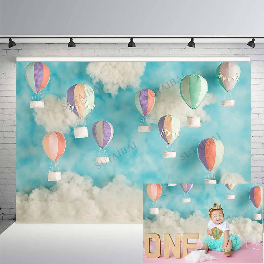 Blue Sky White Cloud Photography Backdrops Colorful Hot Air Balloon Birthday Baby Show Background for Party Photo Booth Prop Decor W H 150x220cm x7ft 5ft 