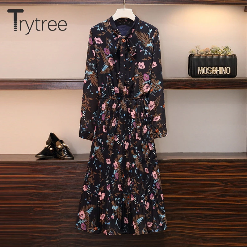 Trytree 2019 осеннее женское Повседневное платье с бантом и цветочным принтом