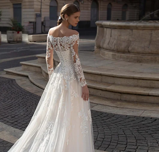

Muslim Wedding Dresses A-line Long Sleeves Tulle Appliques Lace Boho Dubai Arabic Wedding Gown Bridal Dress Vestido De Noiva