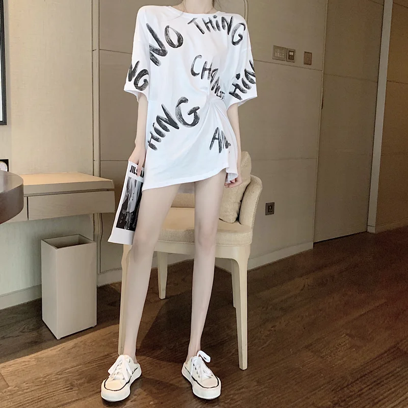 

Loose Letters Mid-Length Short Sleeve T-shirt Harajuku Tshirt Vintage Summer Top Korean Clothes Streetwear Sexy T Shirt Young