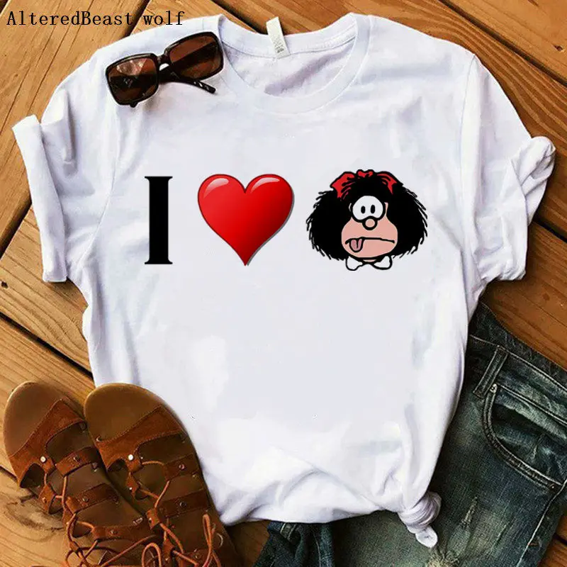 С надписью I LOVE Mafalda Футболка женская короткий рукав с принтом футболка новые
