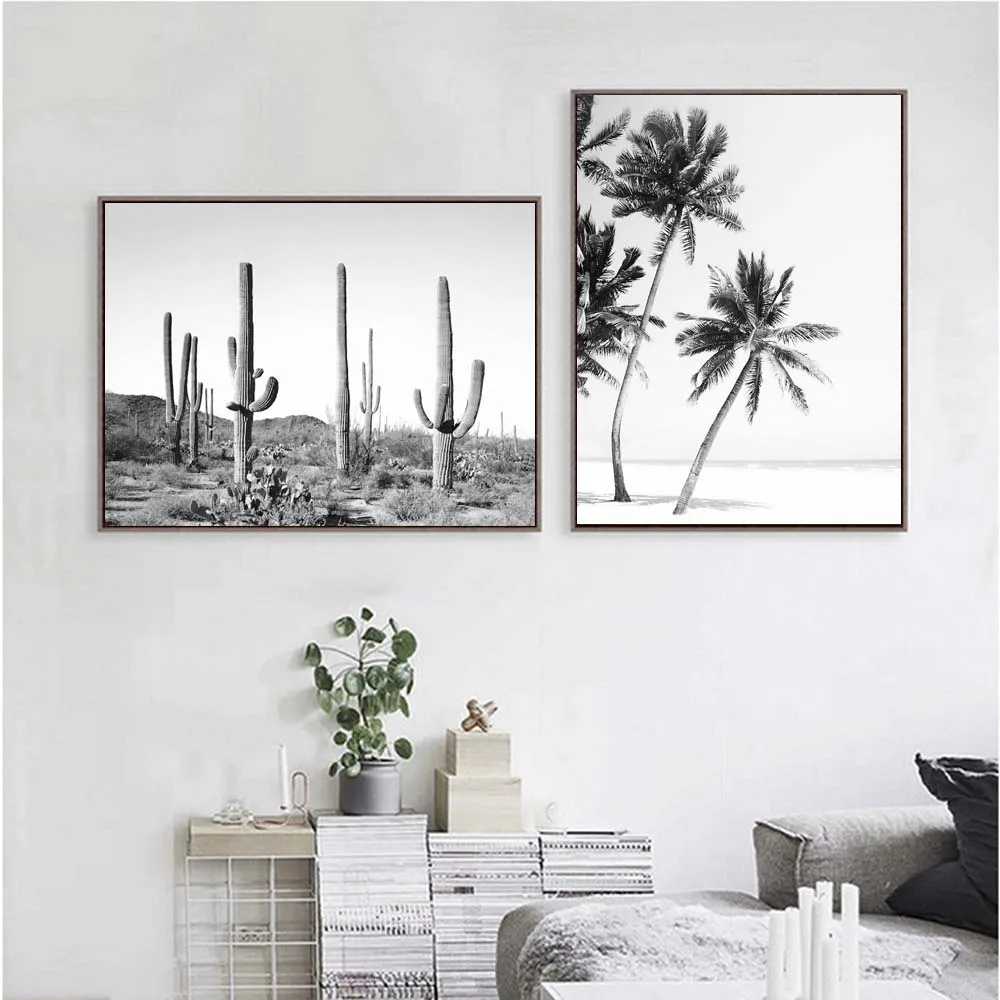 Постер с тропическим КАКТУСОМ и пальмой черно-белая Картина на холсте настенные