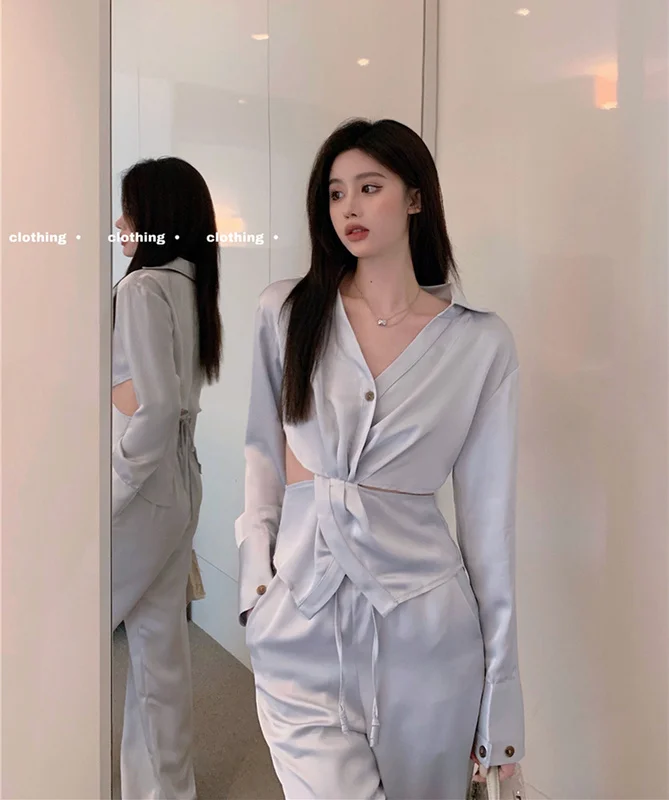 

Осенняя одежда с V-образным вырезом, Сексуальная рубашка с Кулиской