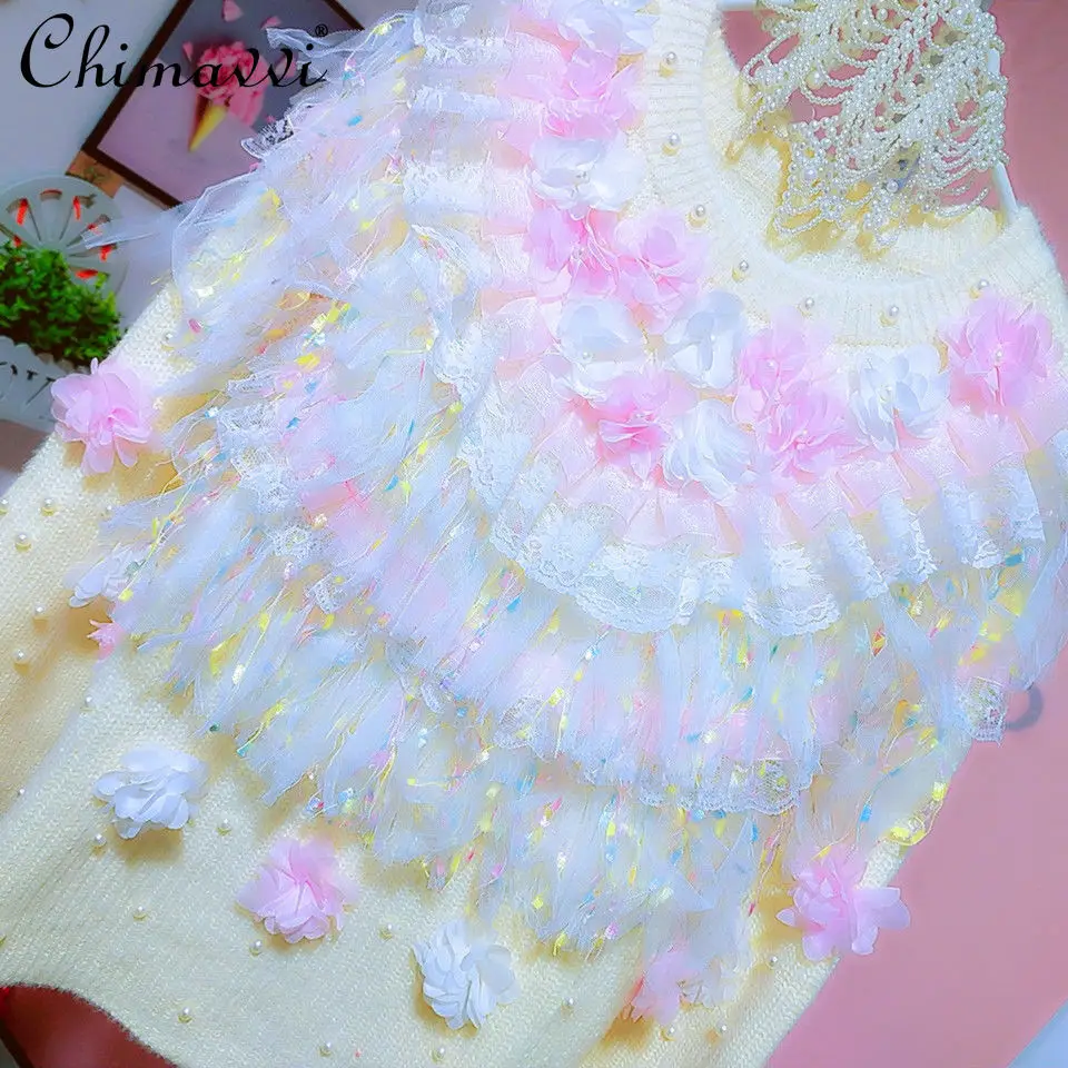 

Женский трикотажный топ с оборками, блестящий сетчатый пуловер с круглым вырезом, украшенный бусинами и блестками, осень 2021