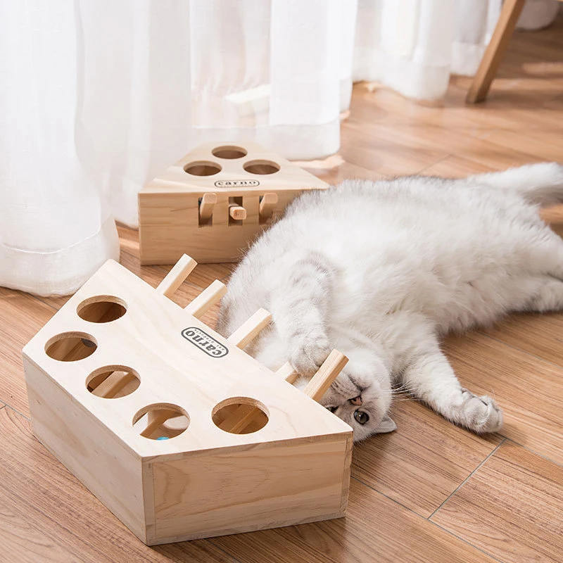 Juguete de caza de gatos, laberinto interactivo de madera maciza para mascota, h&aacute;mster con agujero de 3/5 huecos, trampa para morder, hierba gatera, juguete divertido-4