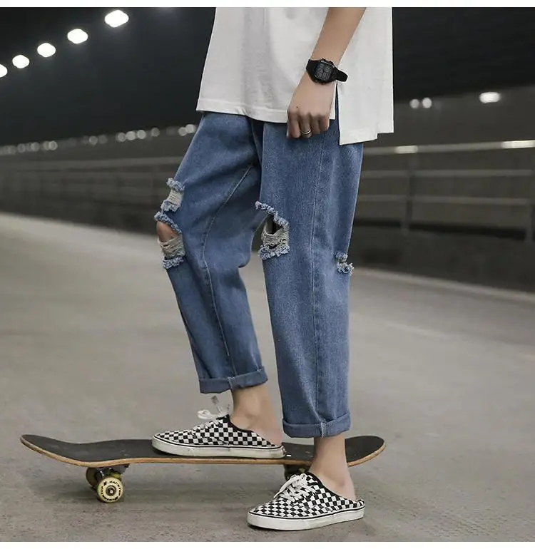 

Ins Broken Hole Hip Hop Men Streetwear Blue Jeans 2021 Women Black Jeans Korean Fashions Harem Pants Male Denim Pants OverSize