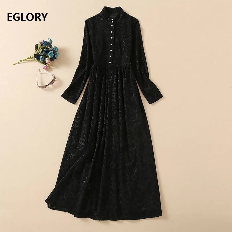 

Женское вечернее платье макси, кружевное длинное платье с вырезом-стойкой, украшенное белыми жемчужинами, с длинным рукавом, черного цвета, ...