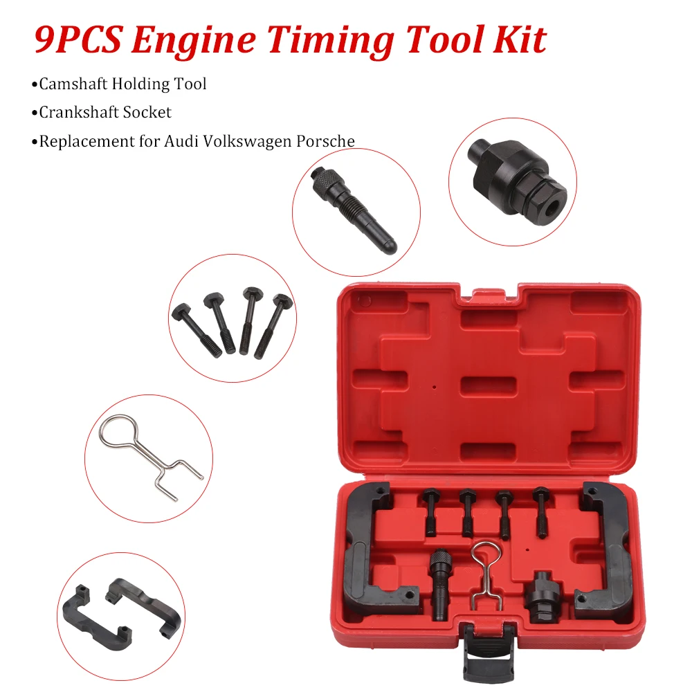 

9Pcs Engine Timing Tool Kit with Camshaft Holding Tool and Crankshaft Socket Replacement for Audi Volkswagen Porsche