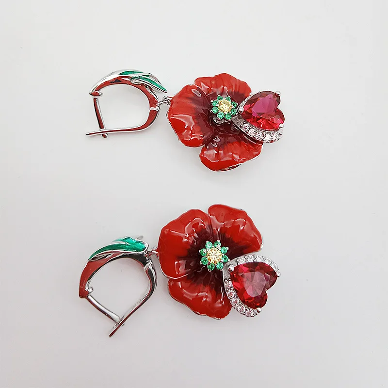 Модные богемные серьги с красными цветами эмалированные подвески для женщин