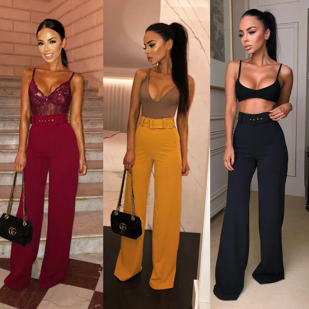 Женские повседневные широкие брюки с высокой талией весенние черные офисные