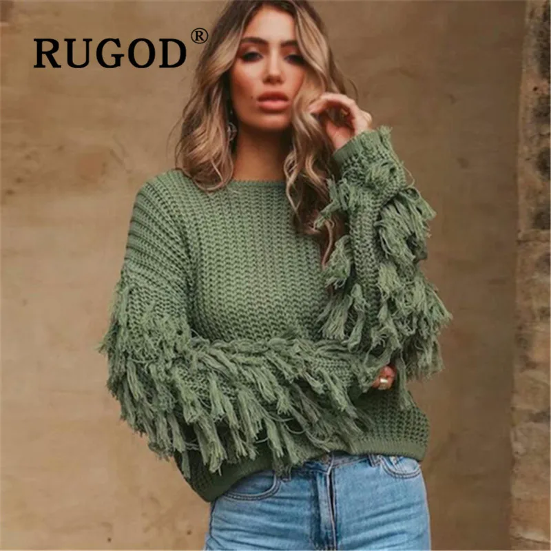 RUGOD/трикотажное женское платье с кисточками на рукавах зима 2019 auturm круглый вырез