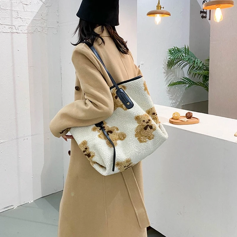 

Women Lamb Like Fabrics Shoulder Tote Bag Fluffy Fur Bear Handbags Shopping Bags