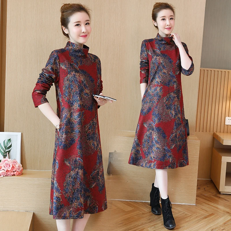

Womens Loose Autumn Winter Dress Fashion Ladies Floral Long SLeeve Blouses Blusas Robe Robes Slim Casual Vintage Dresses Clothes