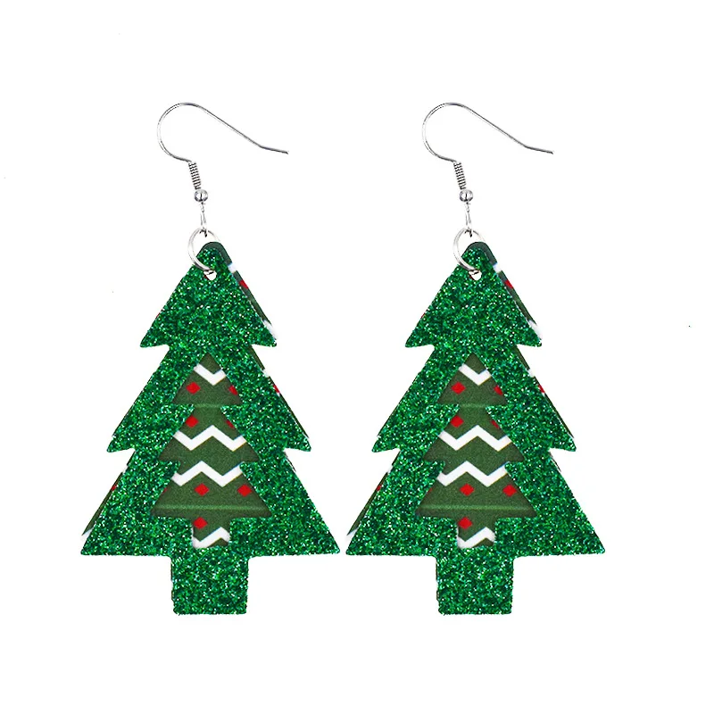 

Christmas Hollow Glitter Leather Double Layer Christmas Tree Earrings