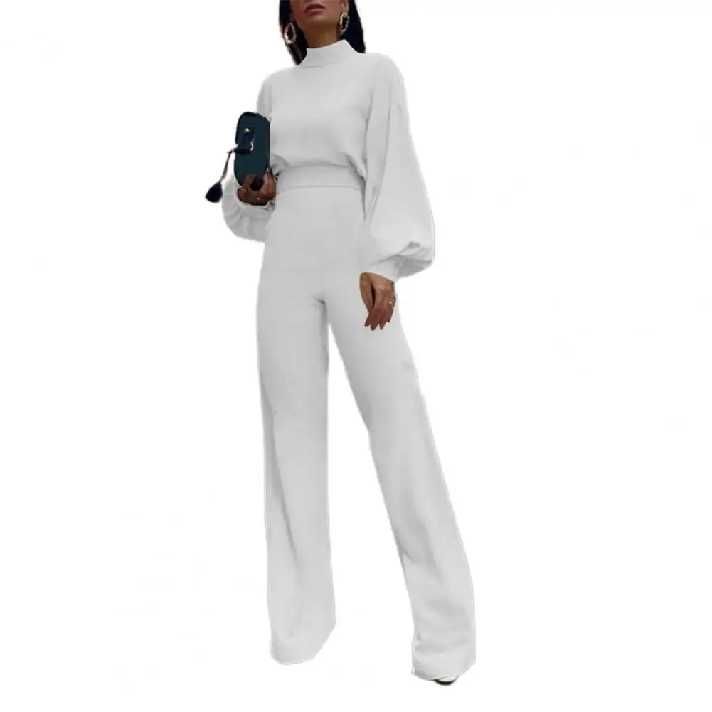 

Autumn Women Jumpsuit Turtleneck Lantern Sleeve Autumn Solid Color Backless Straight Leg Jumpsuit