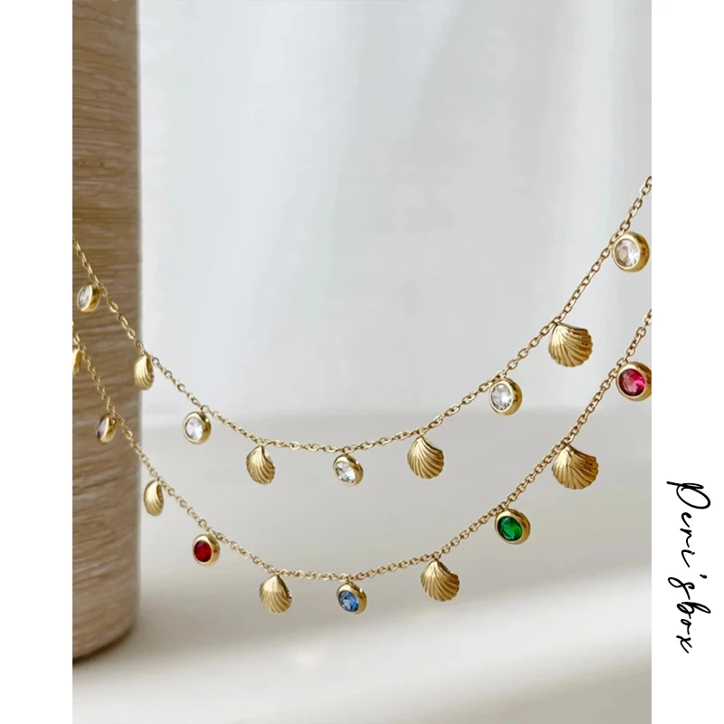

Peri'sBox Colorful Round Zircon Seashell Charm Necklace Dainty Fan Shaped Pendant Choker Boho Stainless Steel Ocean Gifts