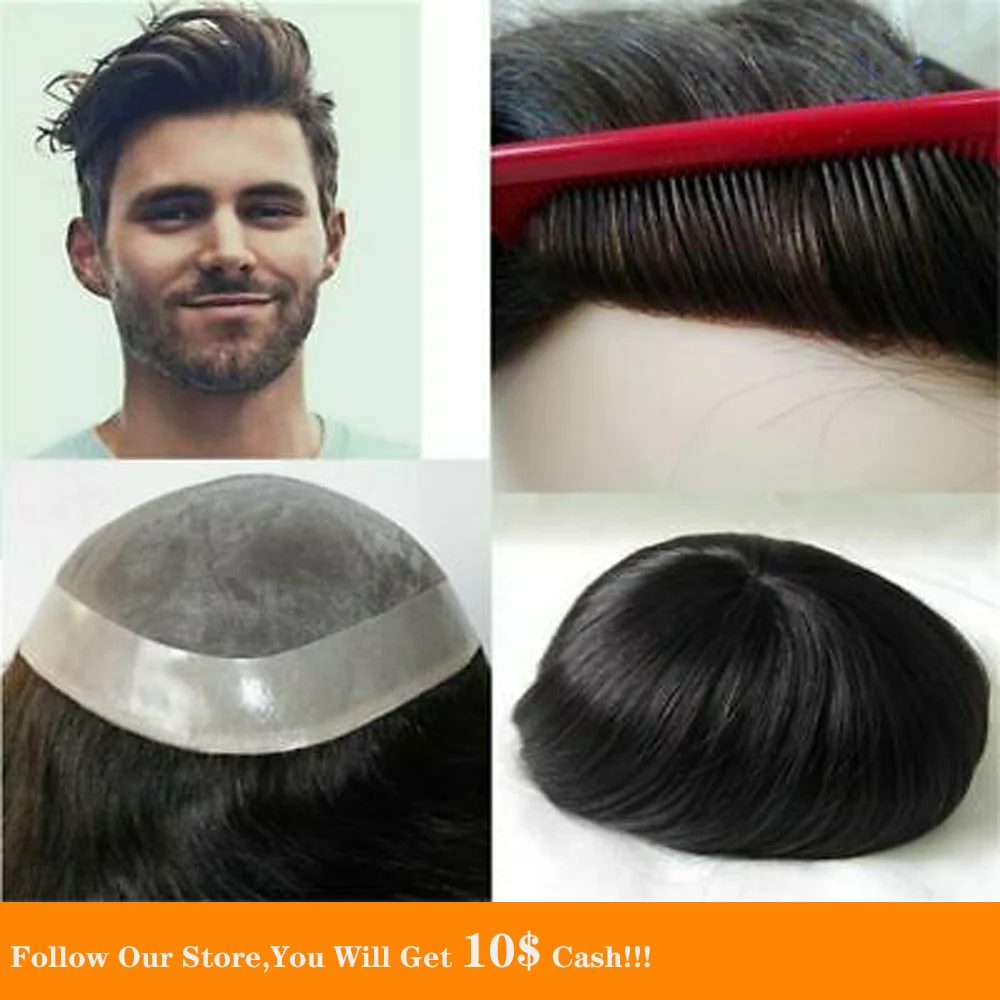 BYMC Fine Mono Mens Toupee Men'Fashion Hairpieces Human Hair Replacement Systems for Men Hair Loss Solutions Corta Pelo Hombre
