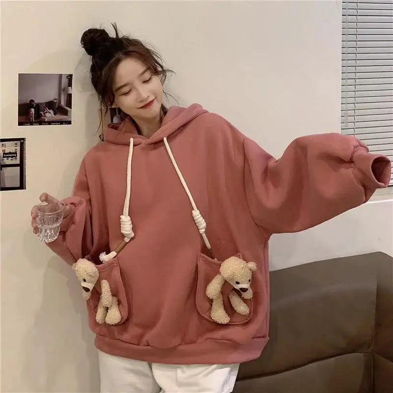 

Autumn Winter New Fashion Women Hoodies Cute Bear Pocket Sweatshirt Top Womens Long Sleeve Loose Wild Sweater Coat Female